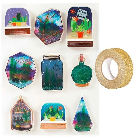 9 stickers 3d succulentes en bocal + masking tape doré à paillettes 5 m