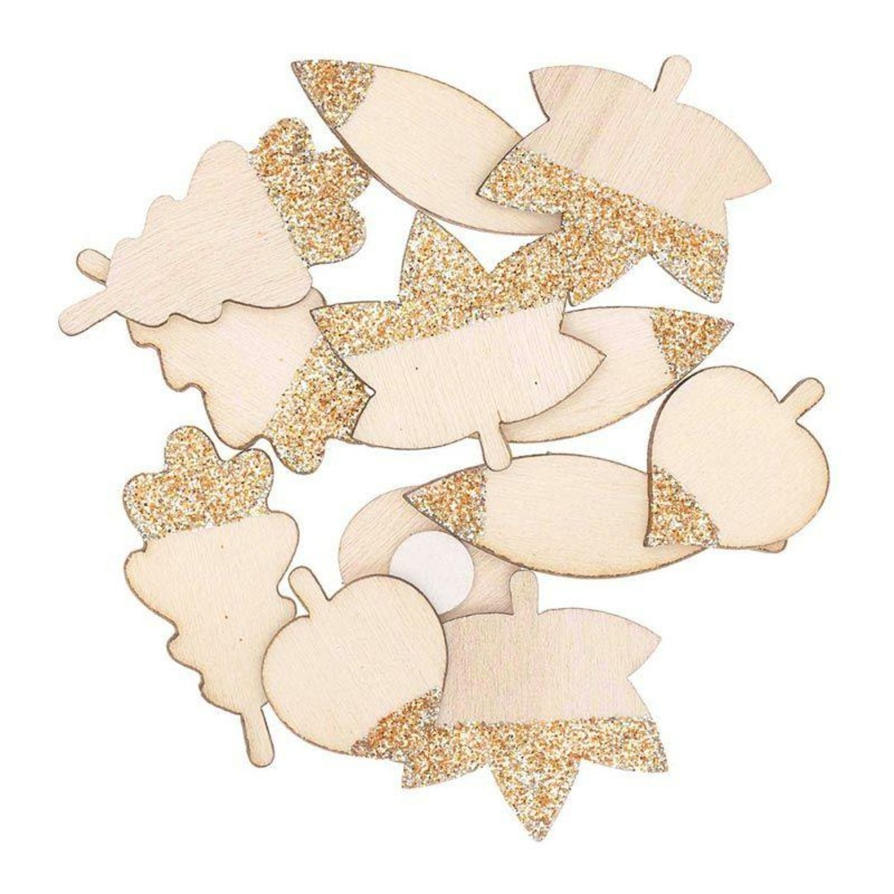 8 autocollants en bois feuilles pailletées dorées