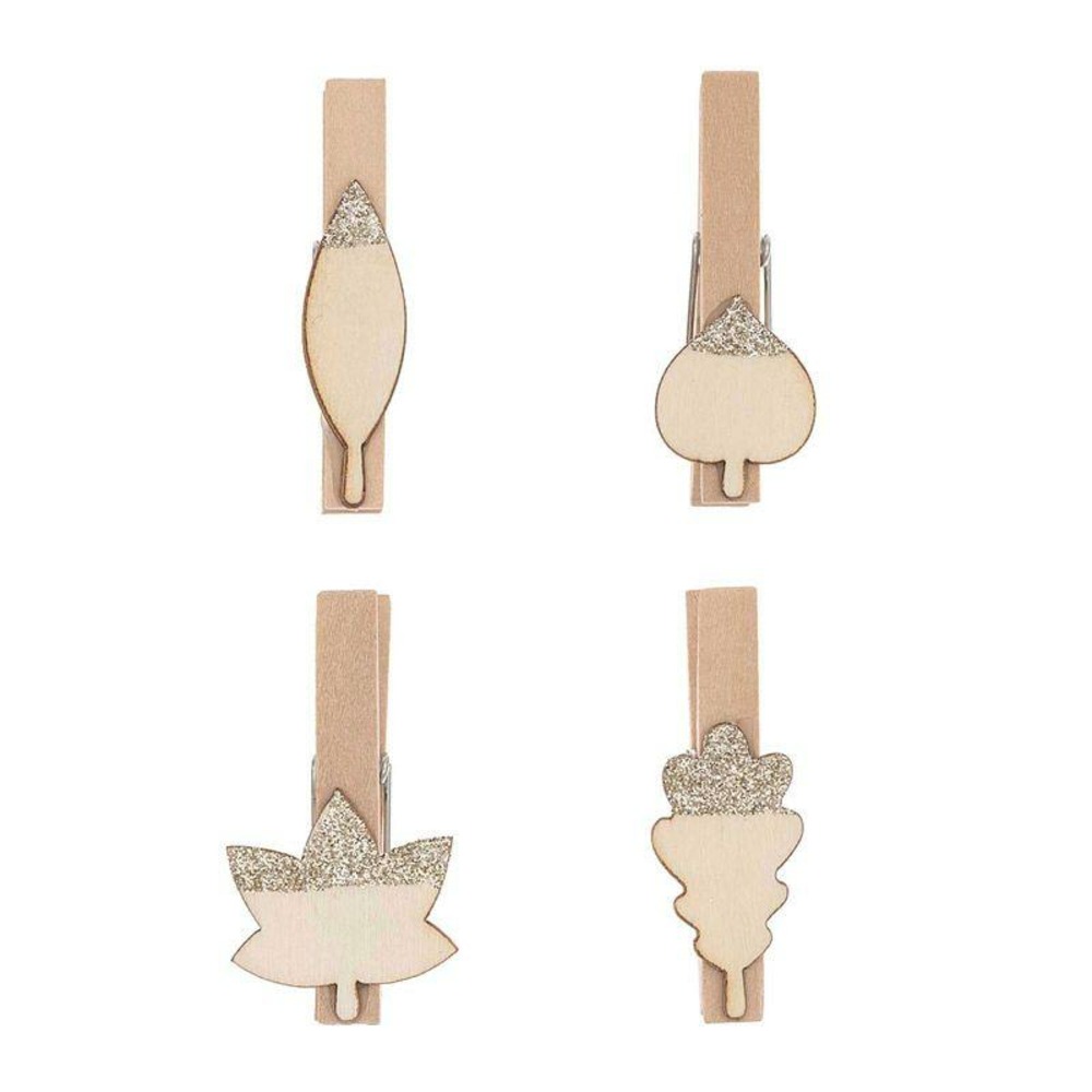 8 pinces clip en bois feuilles argentées