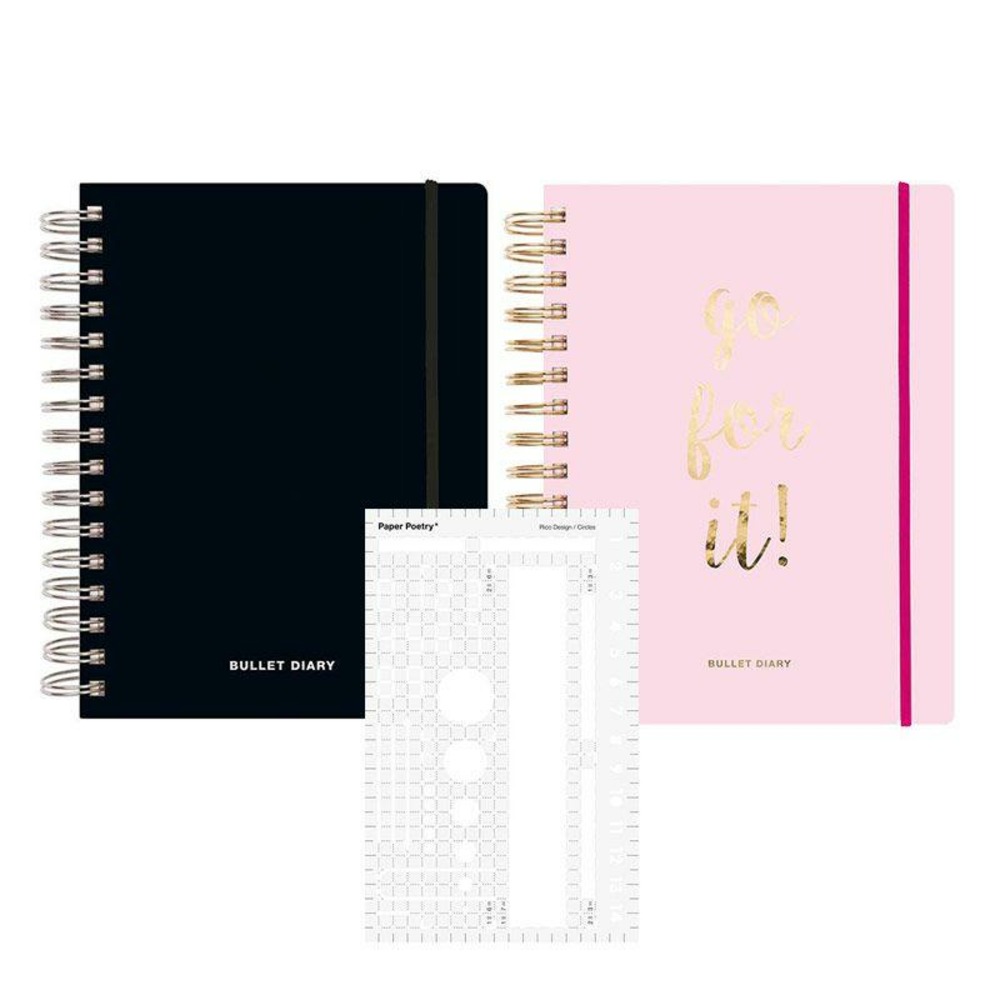 2 agendas bullet journal rose et noir à spirales 96 feuilles + pochoir basic