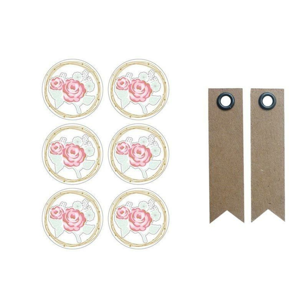 Autocollants 3d ø 4 cm rose sur fond blanc + 20 étiquettes kraft fanion
