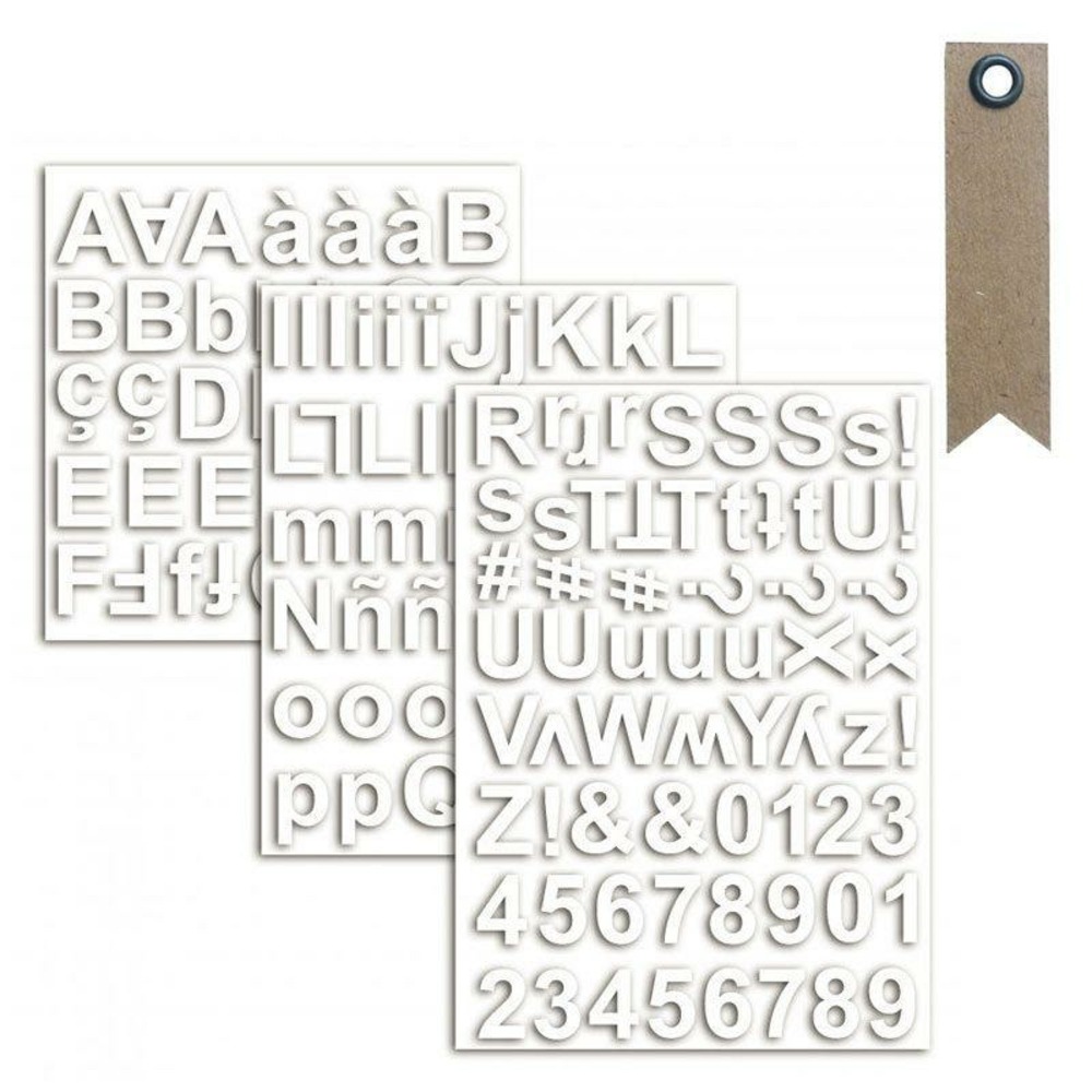 165 formes découpées blanches alphabet et chiffres + 20 étiquettes kraft fanion