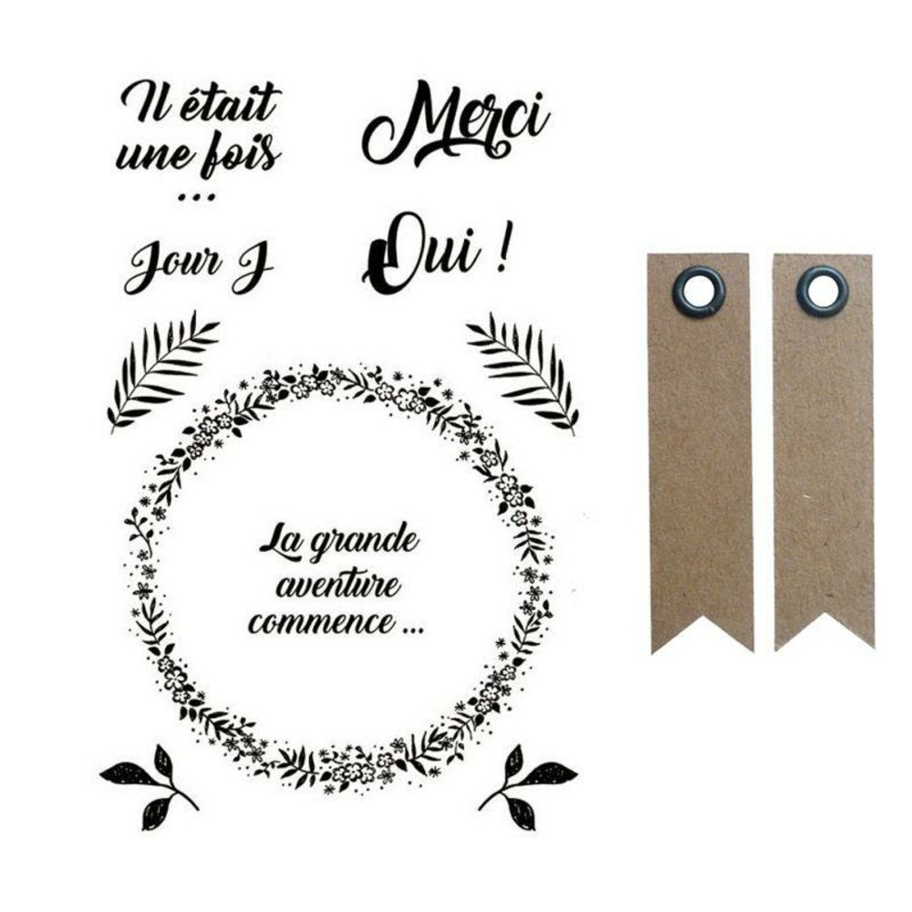 Tampons transparents 9 x 14 cm amour & mariage + 20 étiquettes kraft fanion