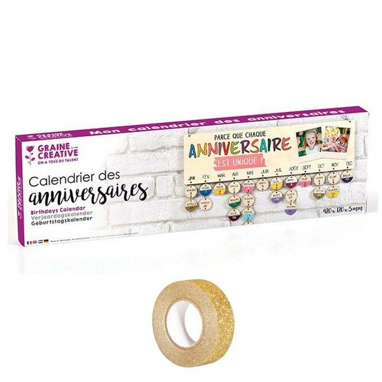 Calendrier des anniversaires bois 40 x 12 cm + masking tape doré à paillettes 5 m