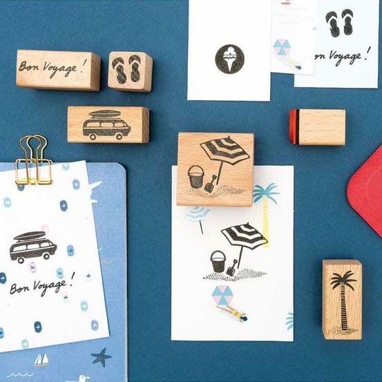 6 tampons bois avec encreur - voyage de vacances