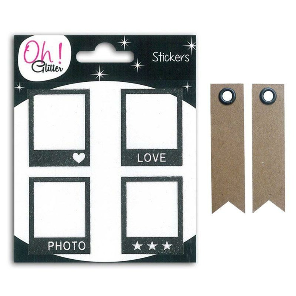 Stickers polaroïd noirs + 20 étiquettes kraft fanion