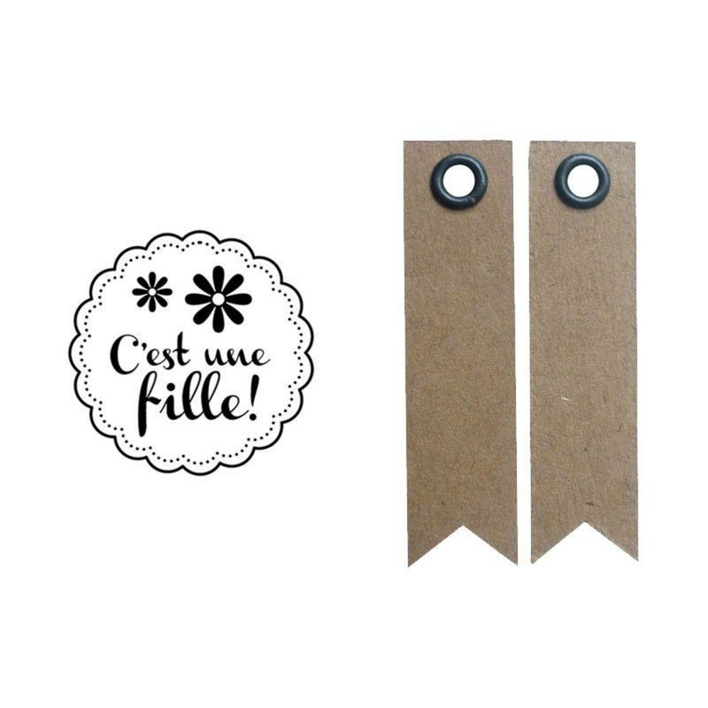 Tampon bois naissance fille + 20 étiquettes kraft fanion
