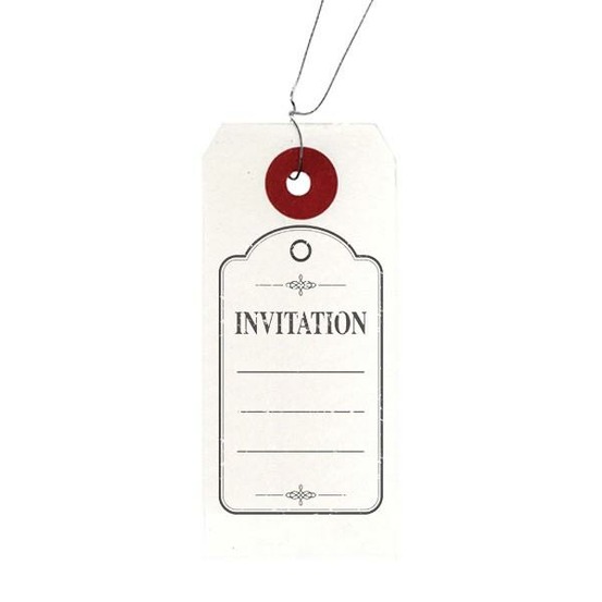 Etiquettes blanches + tampon bois invitation