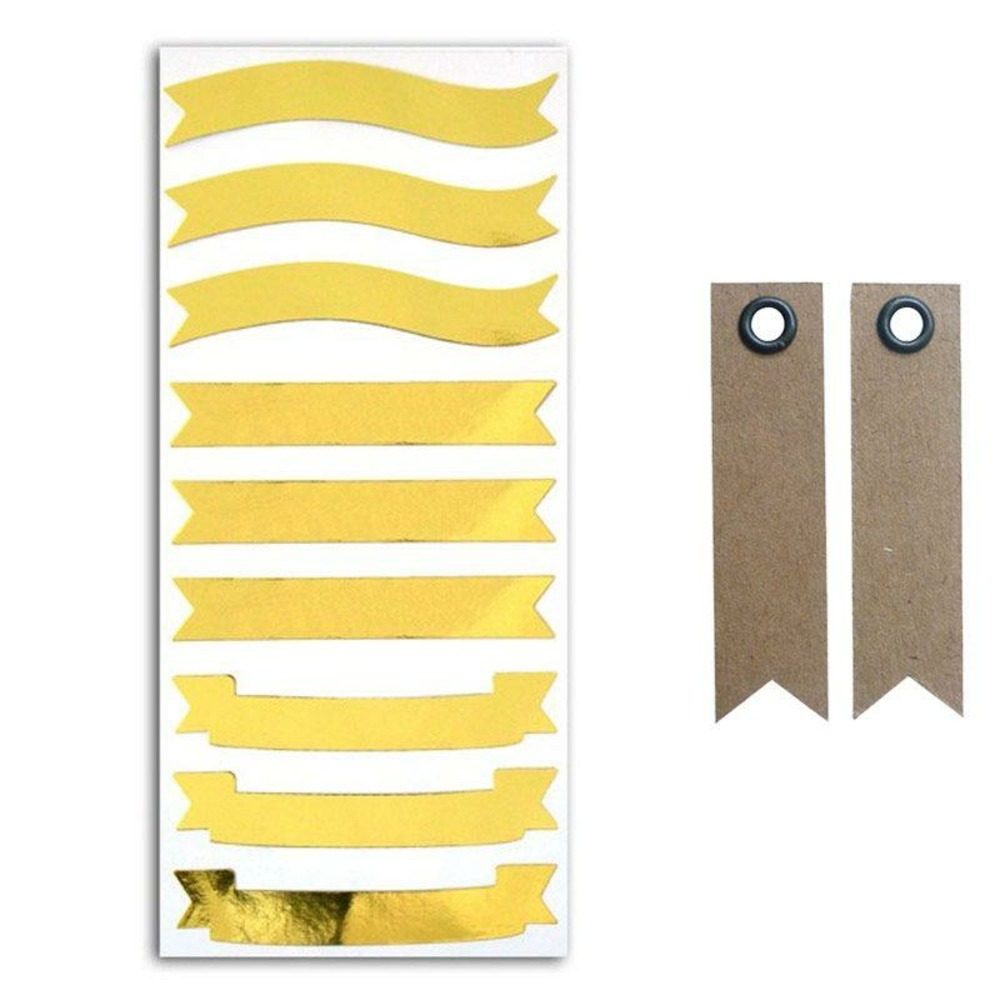 Stickers bannières dorées + 20 étiquettes kraft fanion