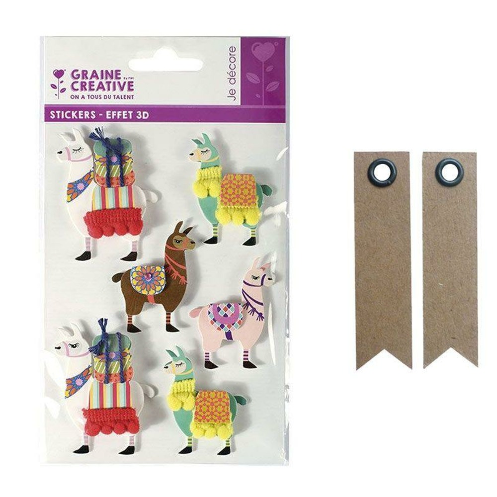 6 stickers 3d lama 6 cm + 20 étiquettes kraft fanion