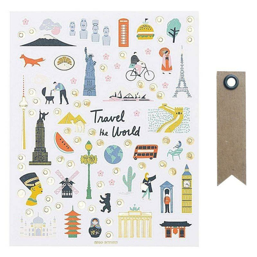 260 autocollants monuments du monde + 20 étiquettes kraft fanion