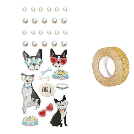 33 stickers 3d chien à lunettes + masking tape doré à paillettes 5 m