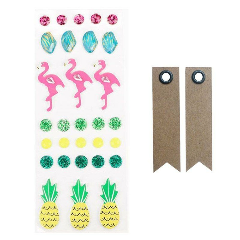 30 stickers 3d flamants rose et ananas + 20 étiquettes kraft fanion