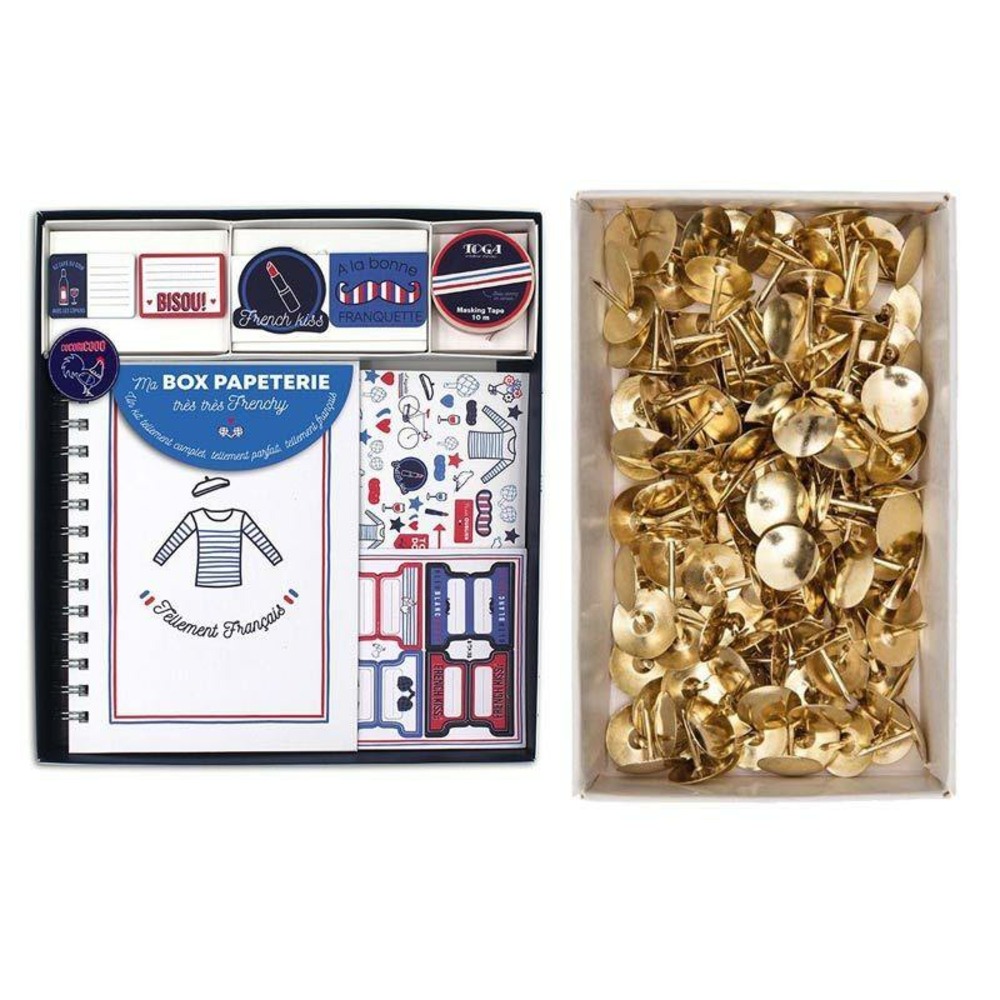 Coffret papeterie avec carnet frenchy + 150 punaises dorées