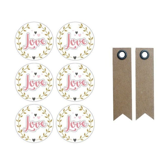 Autocollants 3d ø 4 cm love sur fond blanc + 20 étiquettes kraft fanion