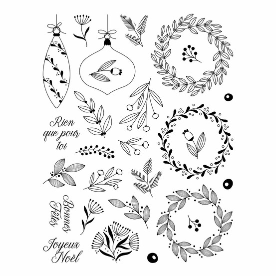 Tampons transparents - boules de noël et végétaux