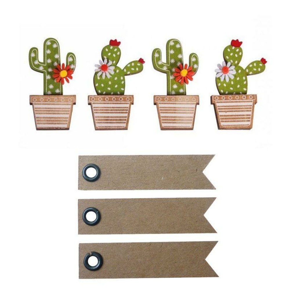 4 autocollants bois cactus 6,5 cm + 20 étiquettes kraft fanion