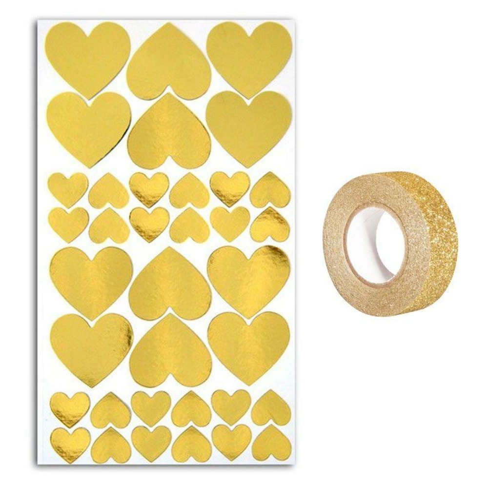36 stickers cœurs dorés + masking tape doré à paillettes 5 m