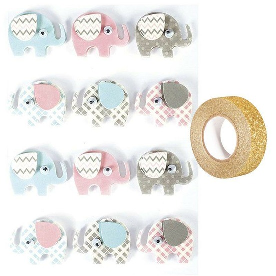 12 stickers 3d elephants 4,3 cm + masking tape doré à paillettes 5 m