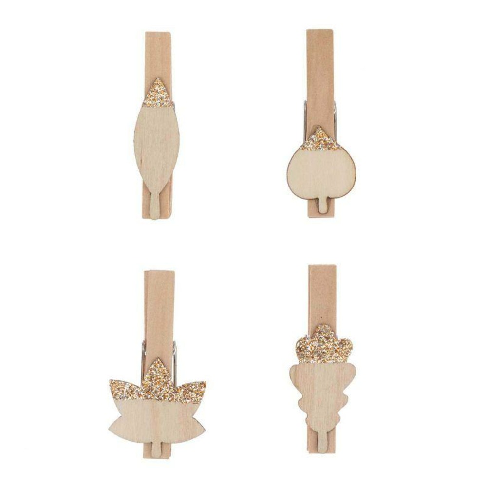 4 pinces clip en bois feuilles dorées