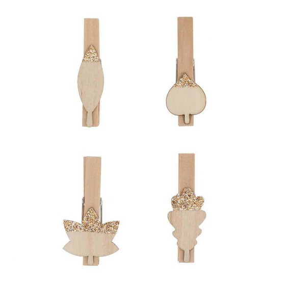 4 pinces clip en bois feuilles dorées