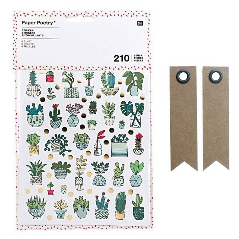 210 autocollants plantes d'intérieur + 20 étiquettes kraft fanion