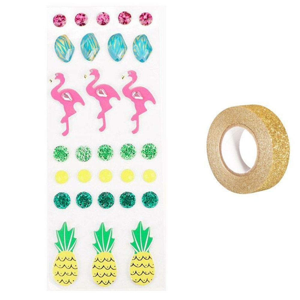 30 stickers 3d flamants rose et ananas + masking tape doré à paillettes 5 m