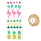 30 stickers 3d flamants rose et ananas + masking tape doré à paillettes 5 m