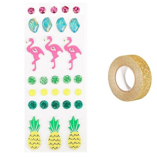 30 stickers 3d flamants rose et ananas + masking tape doré à paillettes 5 m