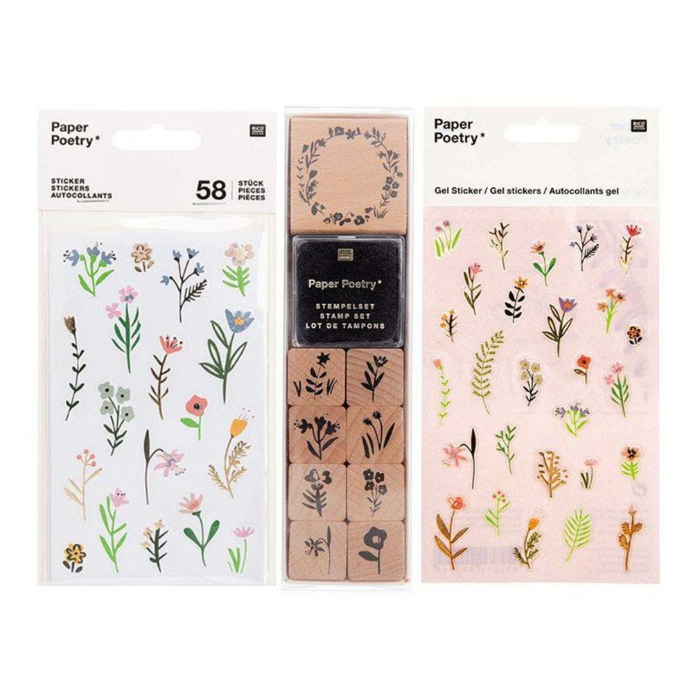 2 planches de stickers gel + 9 tampons bois avec encreur fleurs