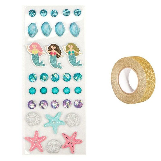 33 stickers 3d mer + masking tape doré à paillettes 5 m