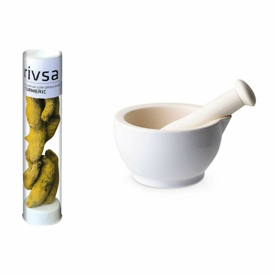 Mortier et pilon en grès blanc + rhizome de curcuma - 30 g