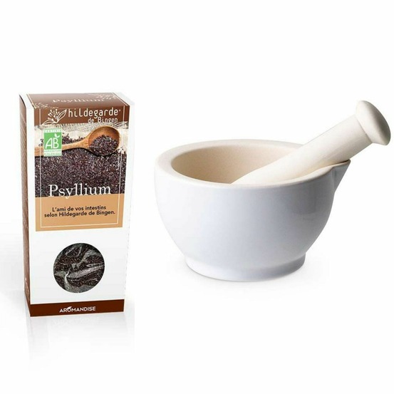 Mortier et pilon en grès blanc + psyllium bio 100 g