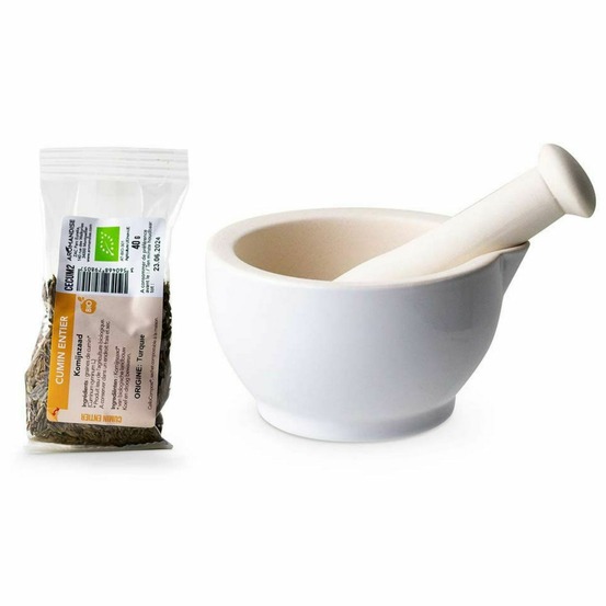 Mortier et pilon en grès blanc + cumin entier bio - 40 g