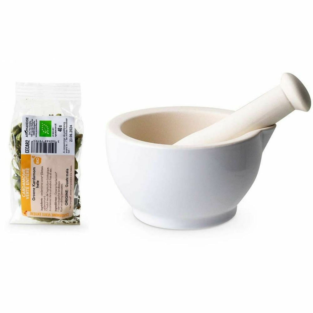 Mortier et pilon en grès blanc + cardamome verte entière bio - 40 g