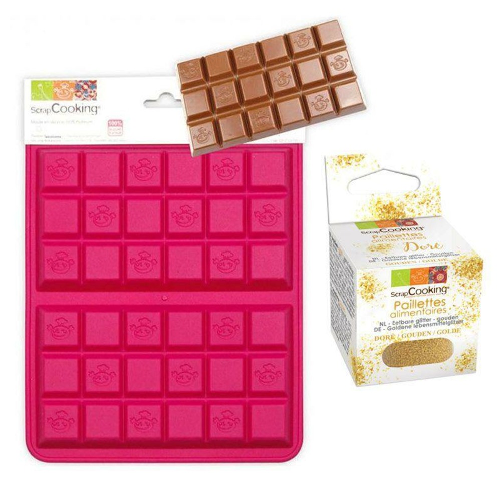 Moule silicone 2 tablettes de chocolat + paillettes dorées