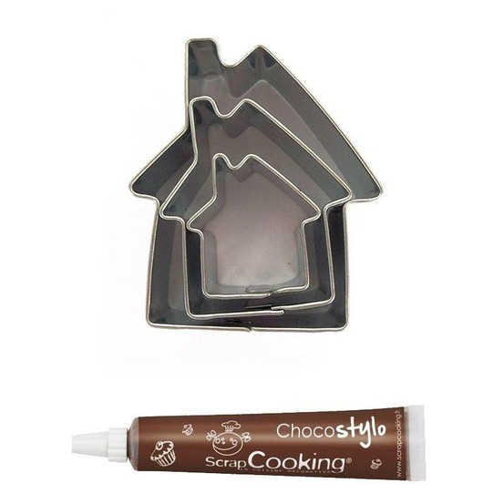 Stylo chocolat + 3 mini emporte-pièces inox maisons