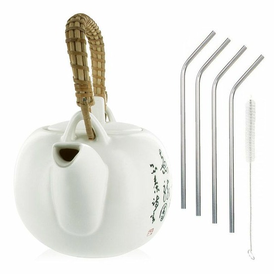 Théière jiangxi en faïence 1 litre + 4 pailles en inox