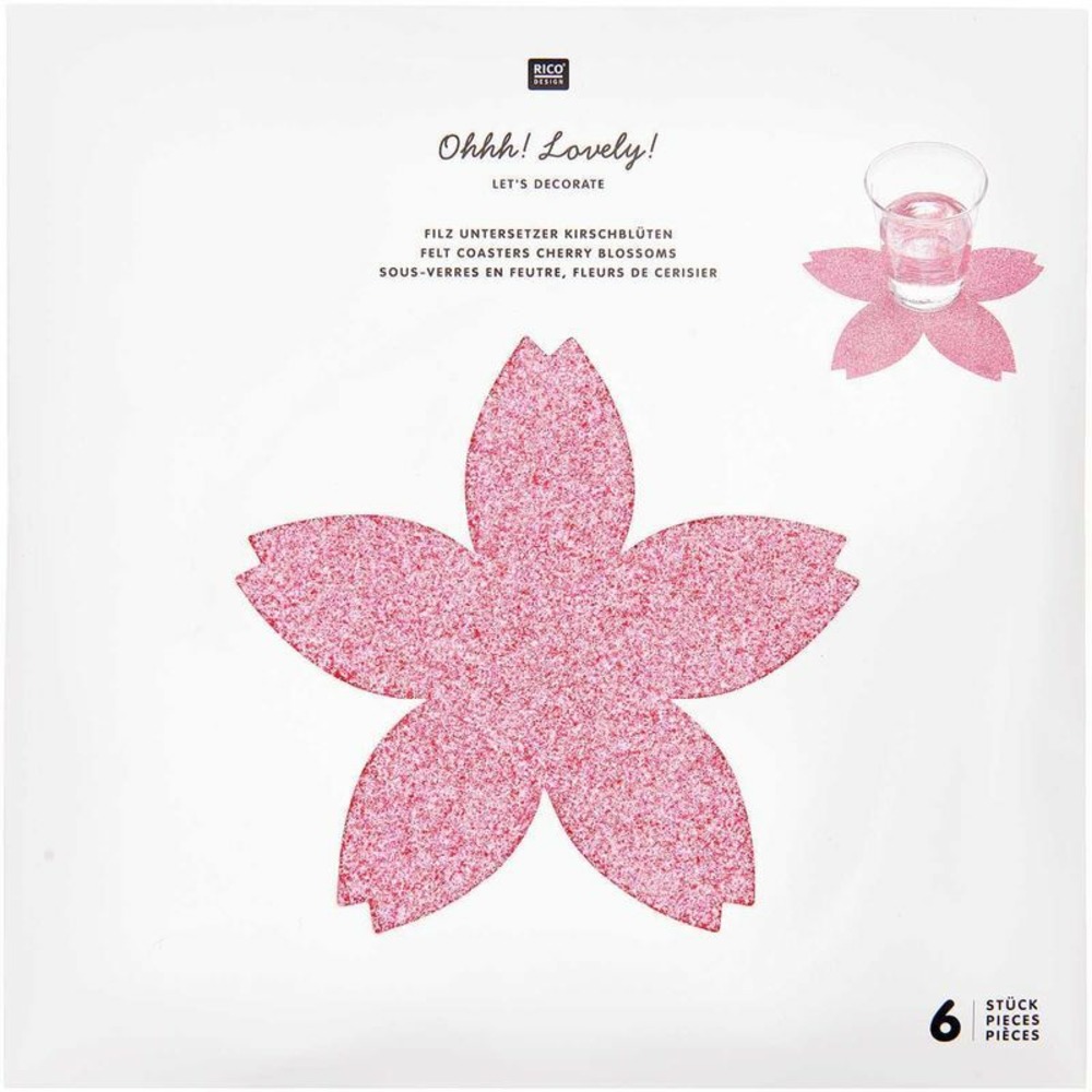 6 sous-verres fleurs de cerisier à paillettes, en feutrine, 19 x 19 cm