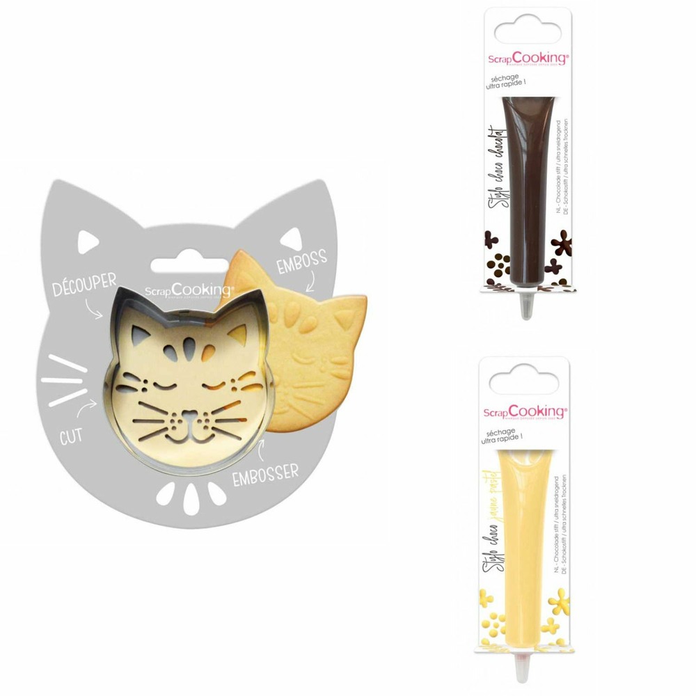 Kit pour biscuit en relief chat + 2 stylos au chocolat marron et jaune pastel