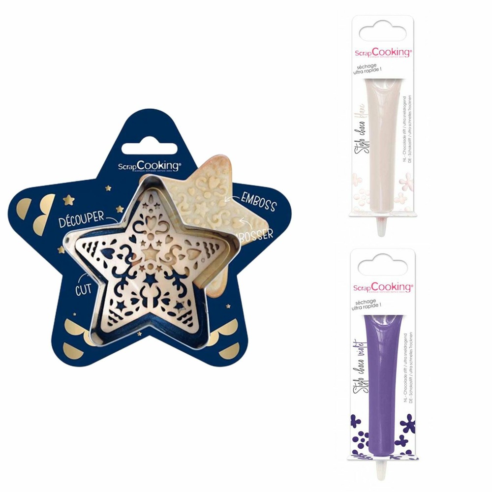 Kit pour biscuit en relief étoile + 2 stylos au chocolat blanc et violet