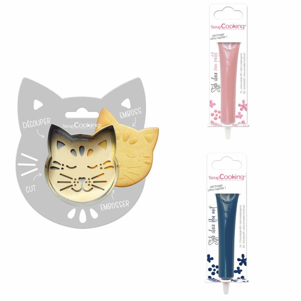 Kit pour biscuit en relief chat + 2 stylos au chocolat rose pastel et bleu nuit