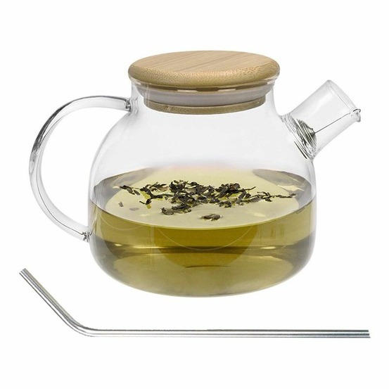 Théière en verre et bambou 1 l + 4 pailles en inox