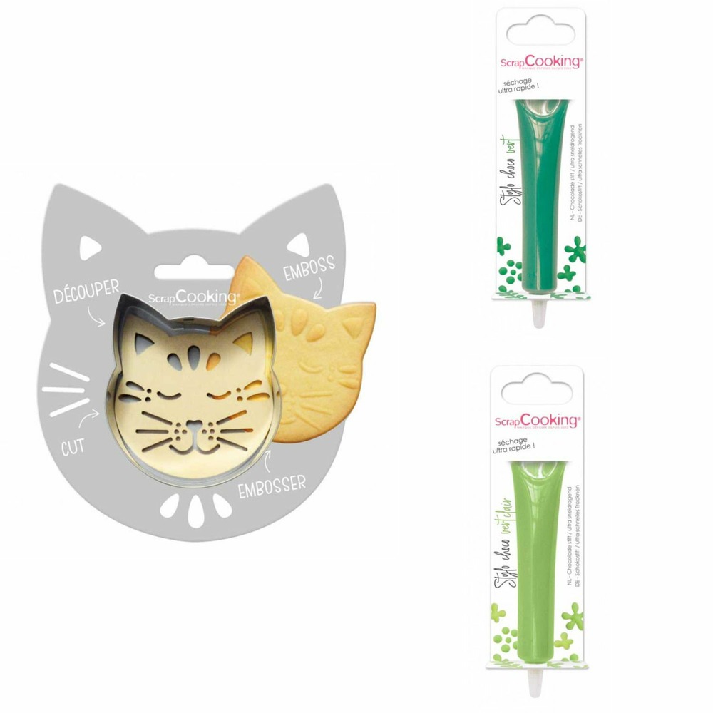 Kit pour biscuit en relief chat + 2 stylos au chocolat vert et vert clair
