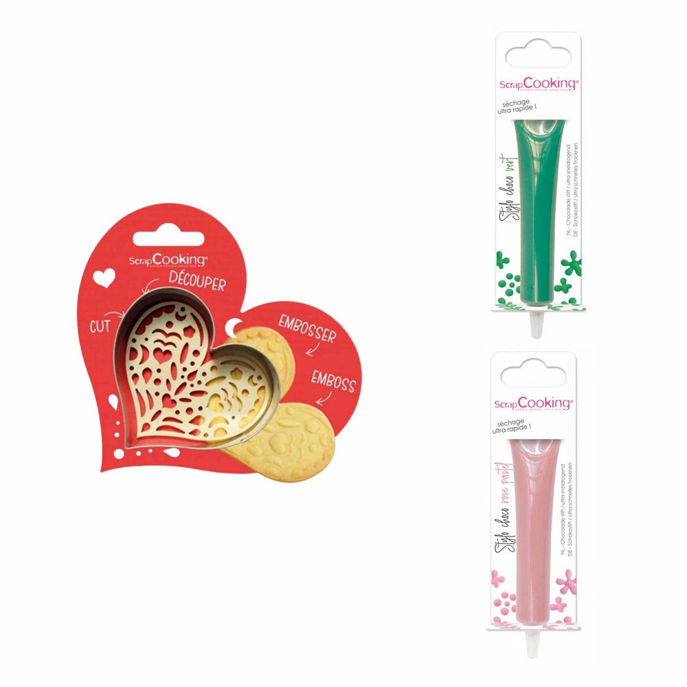 Kit pour biscuit en relief coeur + 2 stylos au chocolat vert et rose pastel