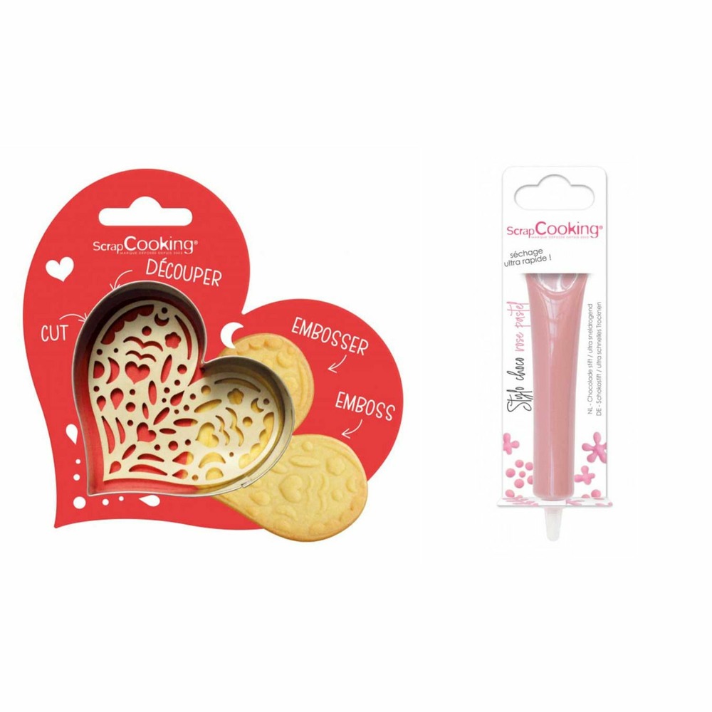Kit pour biscuit en relief coeur + stylo au chocolat rose pastel