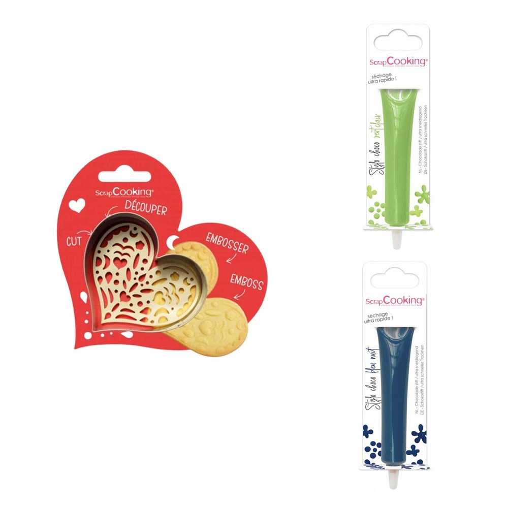 Kit pour biscuit en relief coeur + 2 stylos au chocolat vert clair et bleu nuit