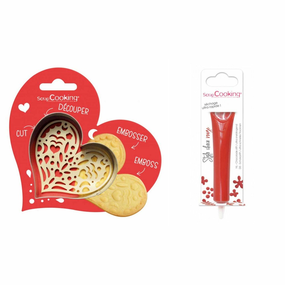 Kit pour biscuit en relief coeur + stylo au chocolat rouge