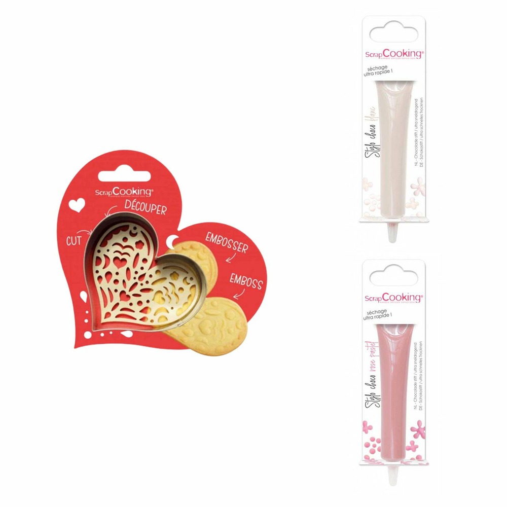 Kit pour biscuit en relief coeur + 2 stylos au chocolat blanc et rose pastel