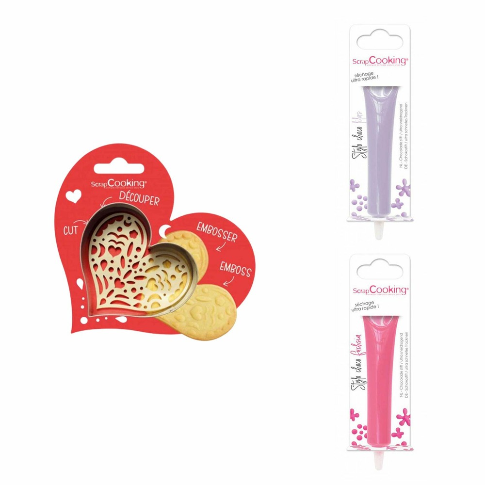 Kit pour biscuit en relief coeur + 2 stylos au chocolat lilas et fuchsia